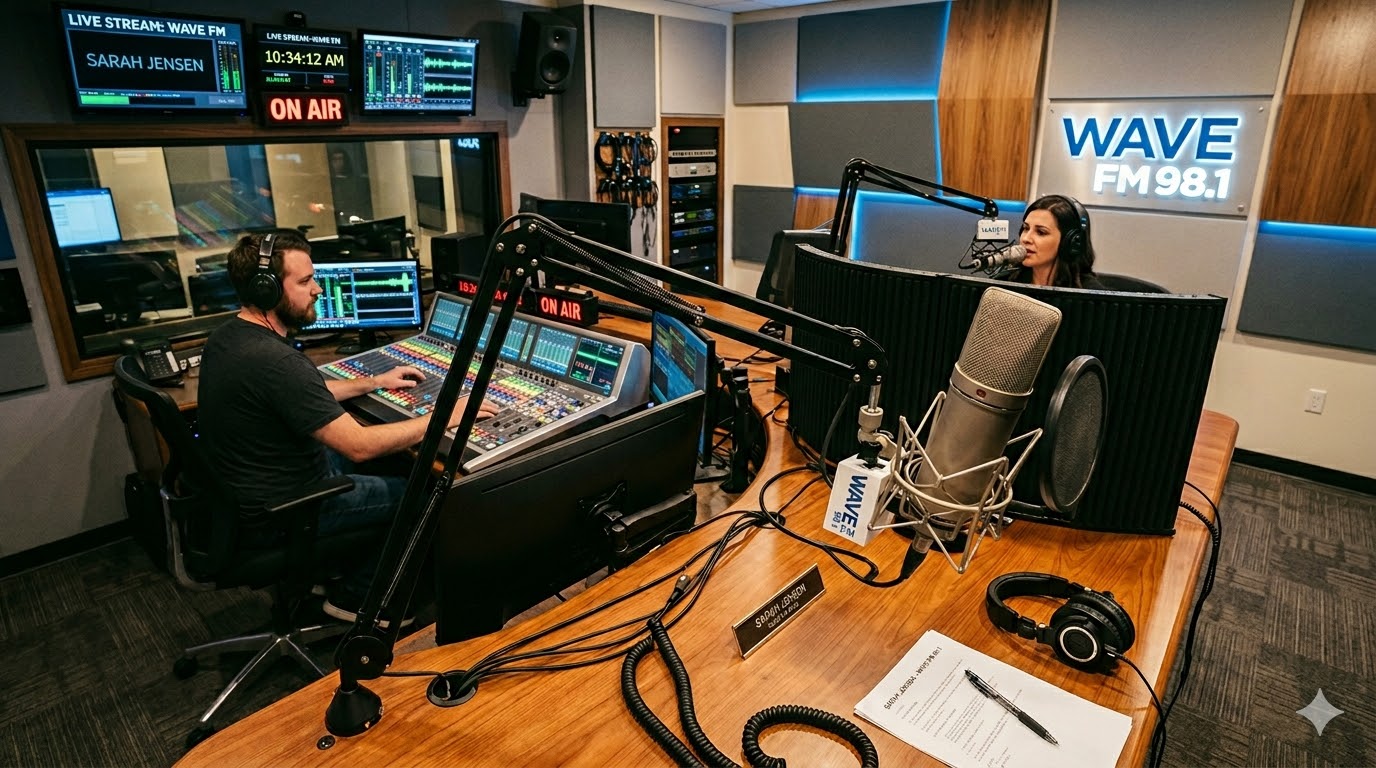 A high-angle shot of a modern radio studio with a professional condenser microphone in the foreground and a sound engineer at a digital console in the background.