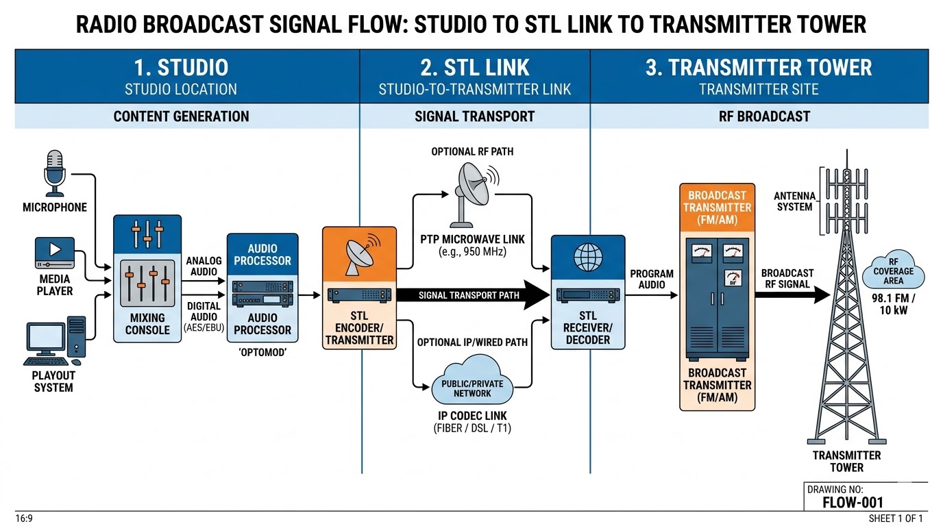 A diagram showing the signal flow from the Studio to the STL Link and finally to the Transmitter Tower.