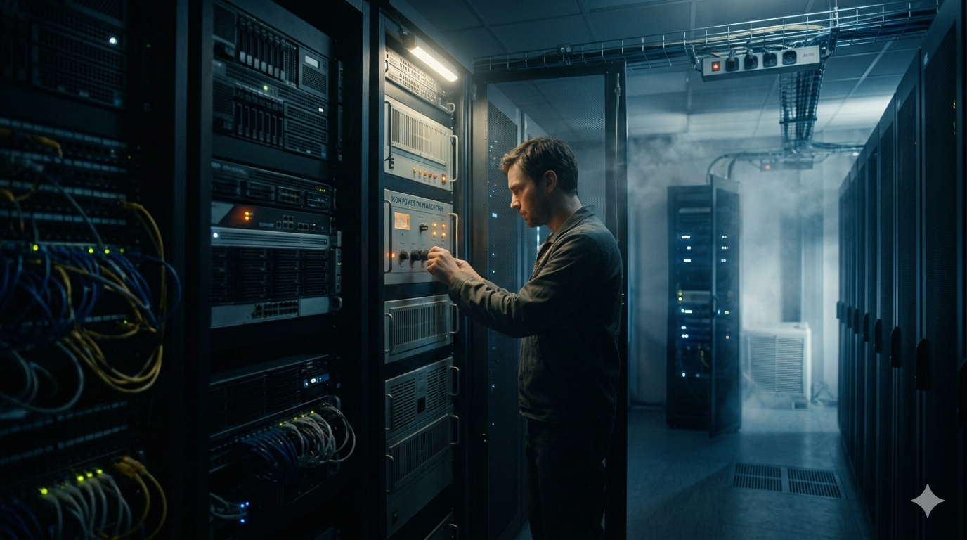 A close-up of a high-power FM transmitter rack inside a climate-controlled server room.