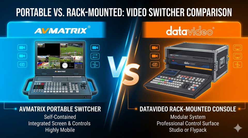 A "vs" style graphic showing an AVMatrix portable switcher on one side and a Datavideo rack-mounted console on the other.