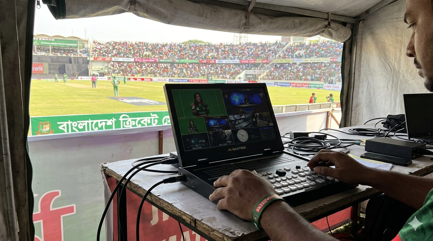 A hand-held shot of an AVMatrix switcher being used at a sunny outdoor cricket match in Bangladesh.