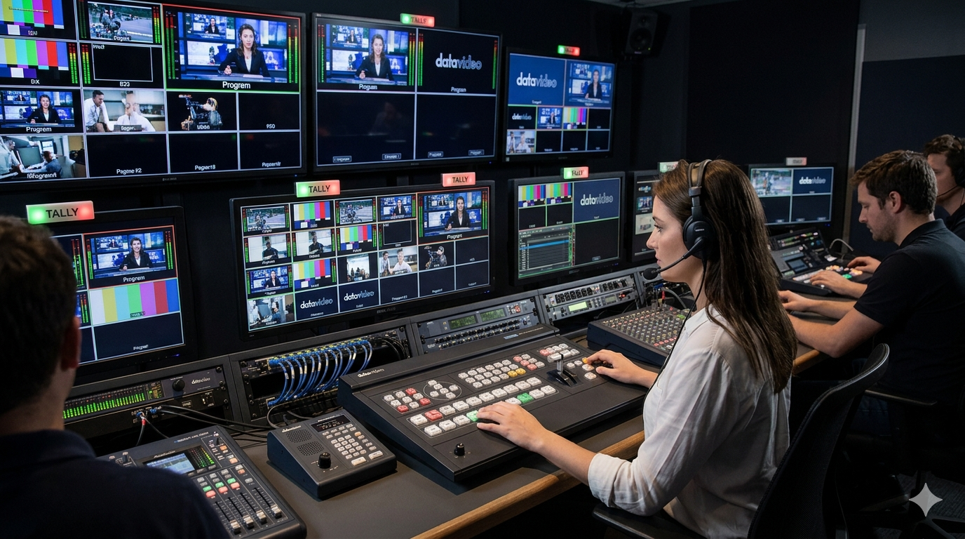 A professional TV gallery shot featuring the Datavideo control surface integrated with multiple monitors.
