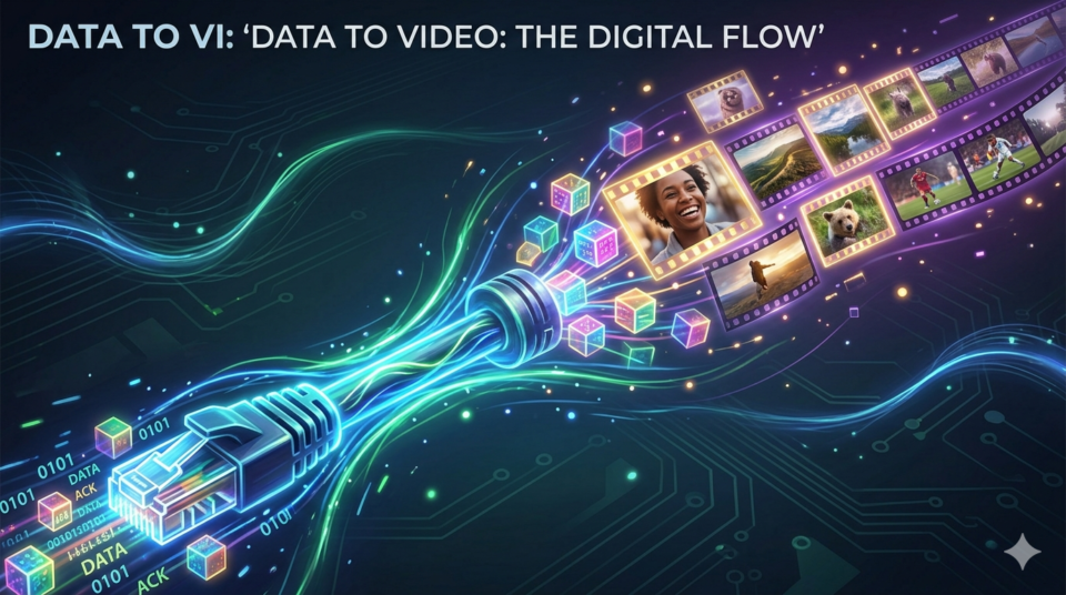 A digital-art style image showing data packets flowing through an Ethernet cable, transforming into video frames.