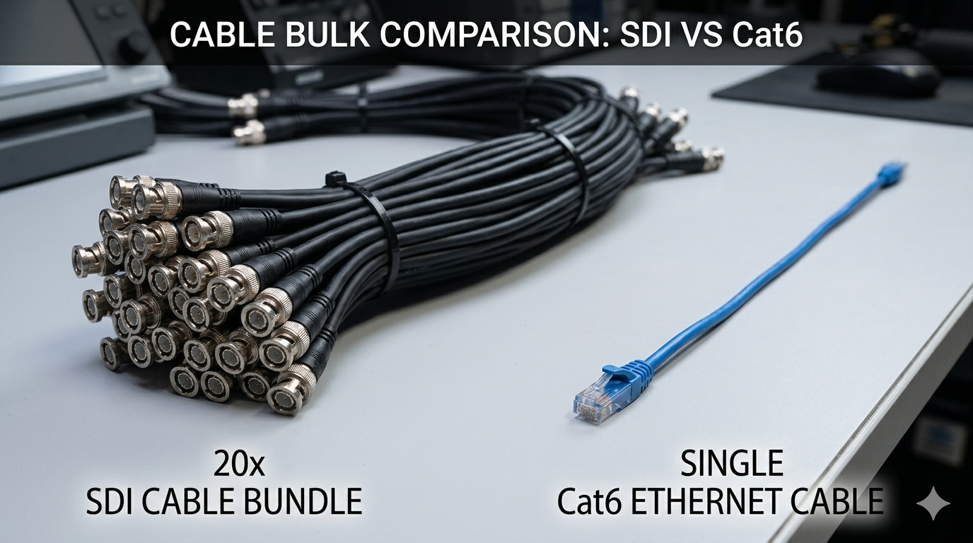 A comparison photo of a thick bundle of 20 SDI cables next to a single, thin Cat6 Ethernet cable.