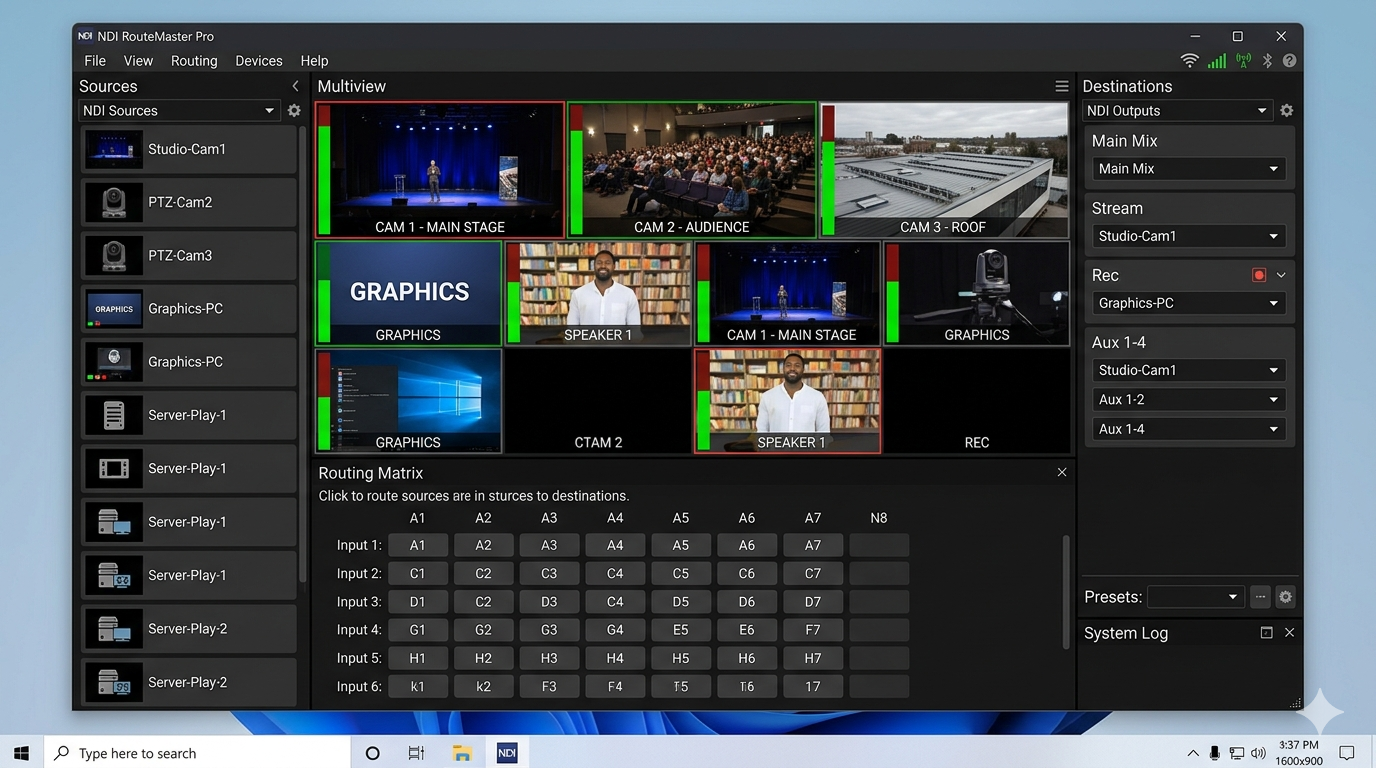A screenshot of an NDI routing software interface showing multiple camera feeds on a standard PC screen.