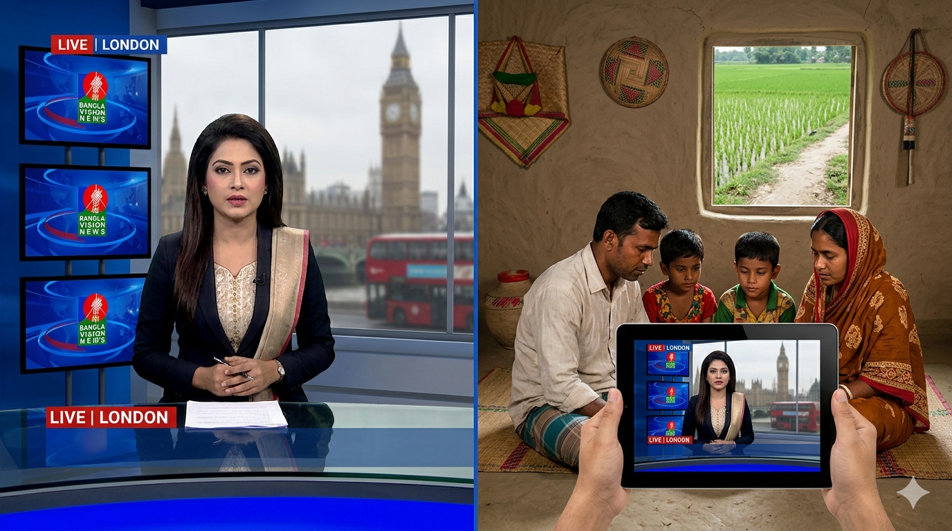 A split-screen showing a Bangladeshi host in a London studio on one side and a family in a village in Bangladesh watching the same show on a tablet on the other.