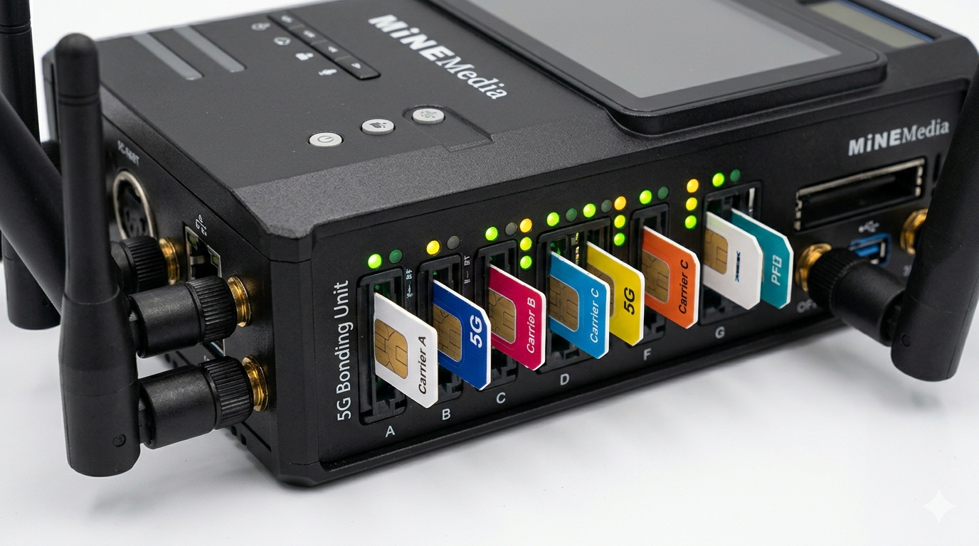 A close-up of a MineMedia 5G bonding unit with multiple SIM cards inserted.