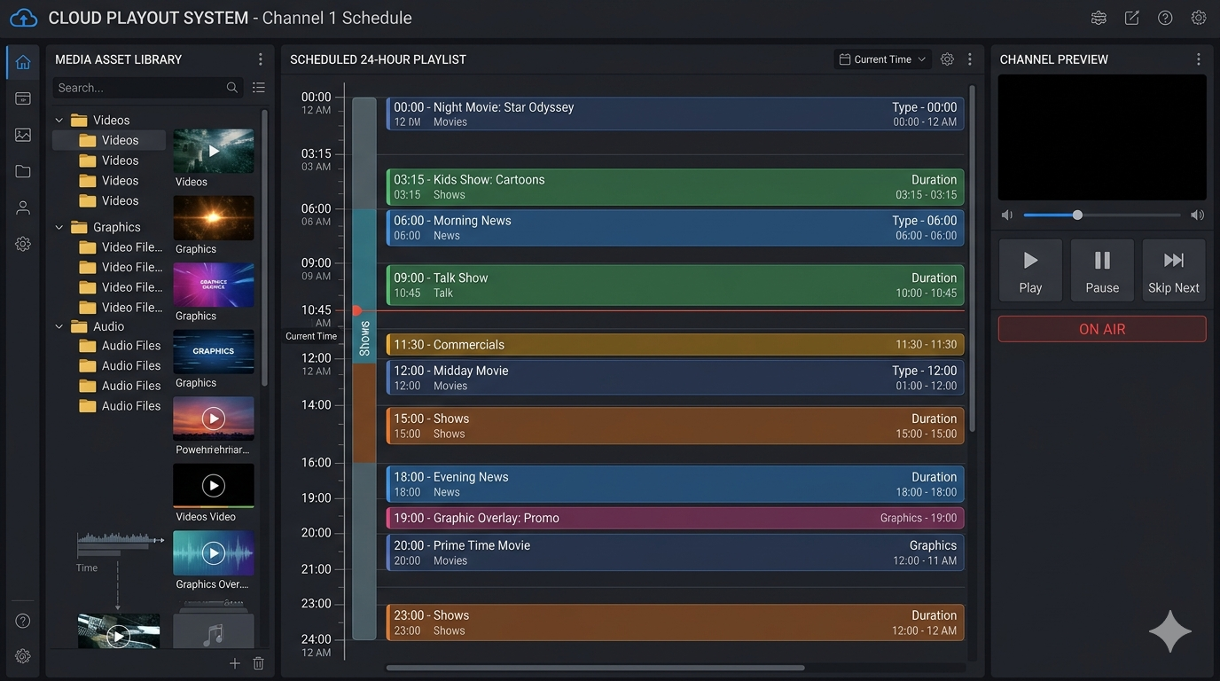 A graphic showing a "Cloud Playout" interface with a scheduled 24-hour playlist.