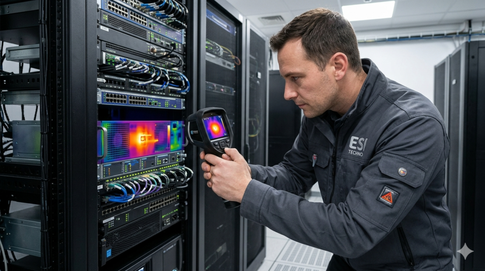 A technician in an ESI Techno uniform carefully using a thermal camera to inspect a hot power supply inside a broadcast rack.