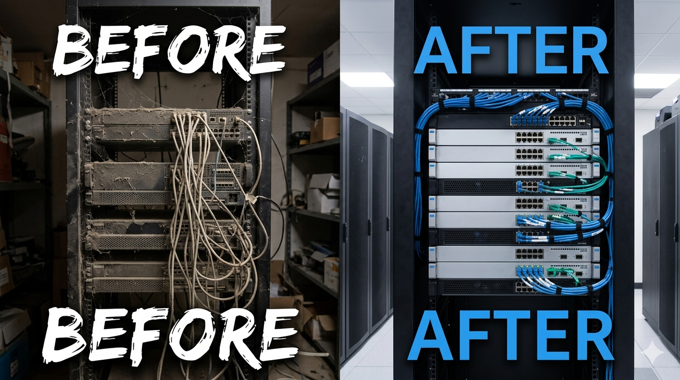 A "Before and After" photo showing a dusty, neglected server vs. a clean, professionally maintained one.