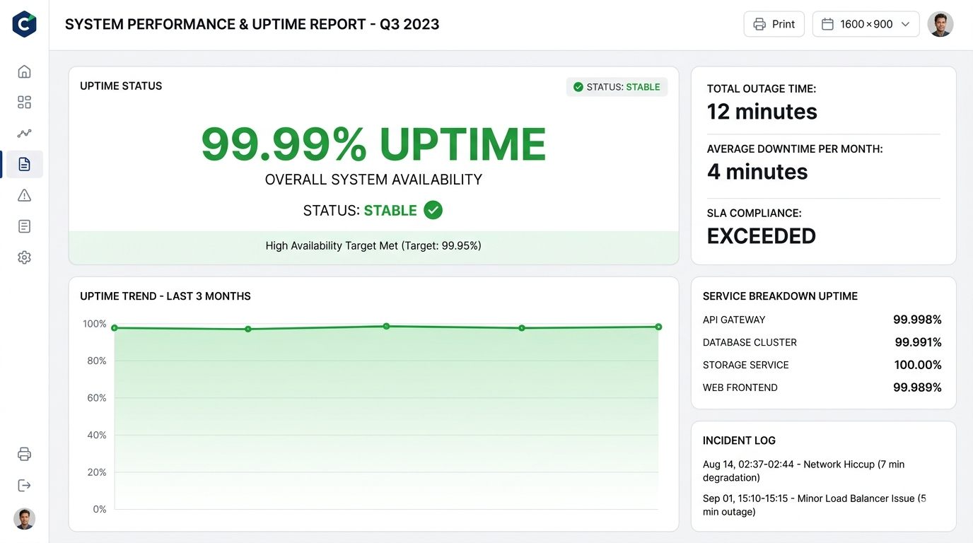 A screenshot of a technical report showing "99.99% Uptime" statistics.